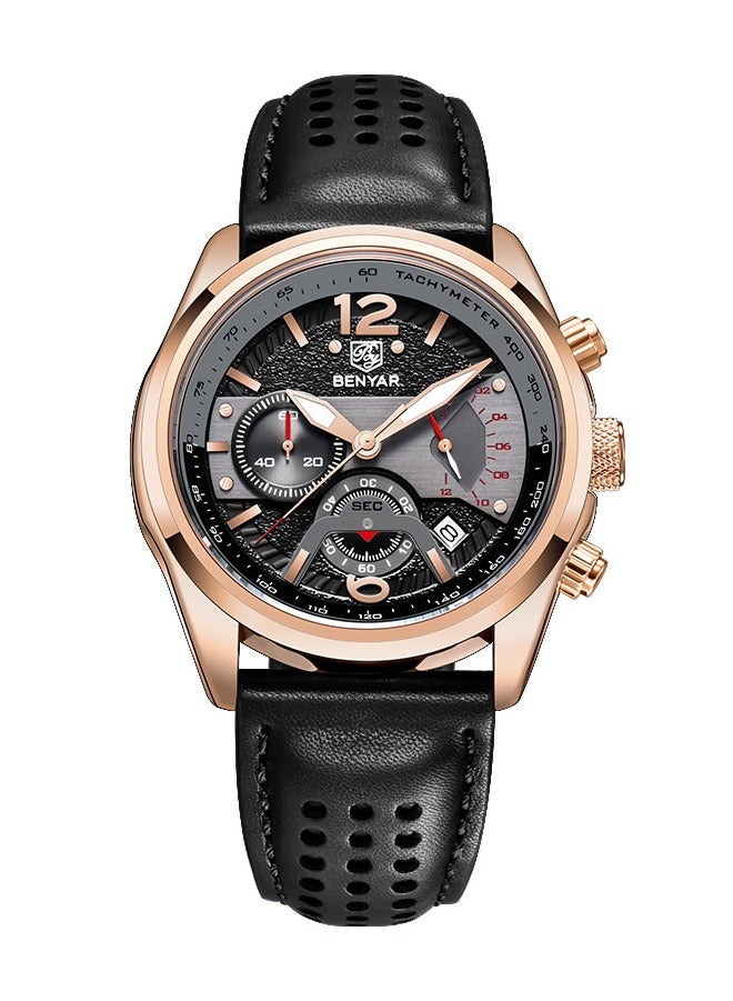 BENYAR Watches for Men Luxury Quartz Water Resistant Watch Men's Chronograph Genuine Leather Strap 5171 Black - Image 1